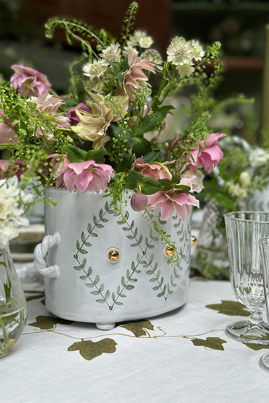 Green Laurel Gold Ornaments Tulipiere Vase with Twisted Handles, 16cm