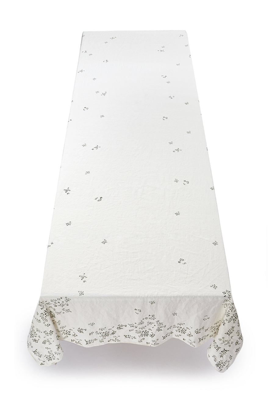 Bernadette's Hand Stamped Falling Flower Linen Tablecloth in Avocado Green