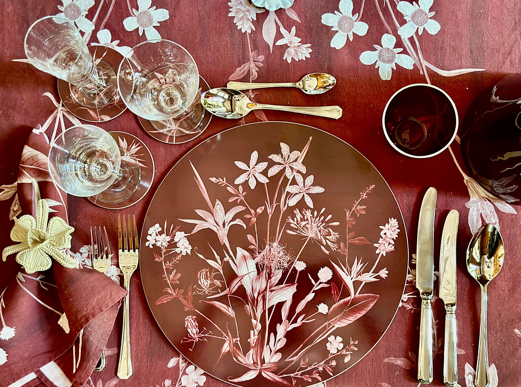 African Flower Linen Tablecloth in Red