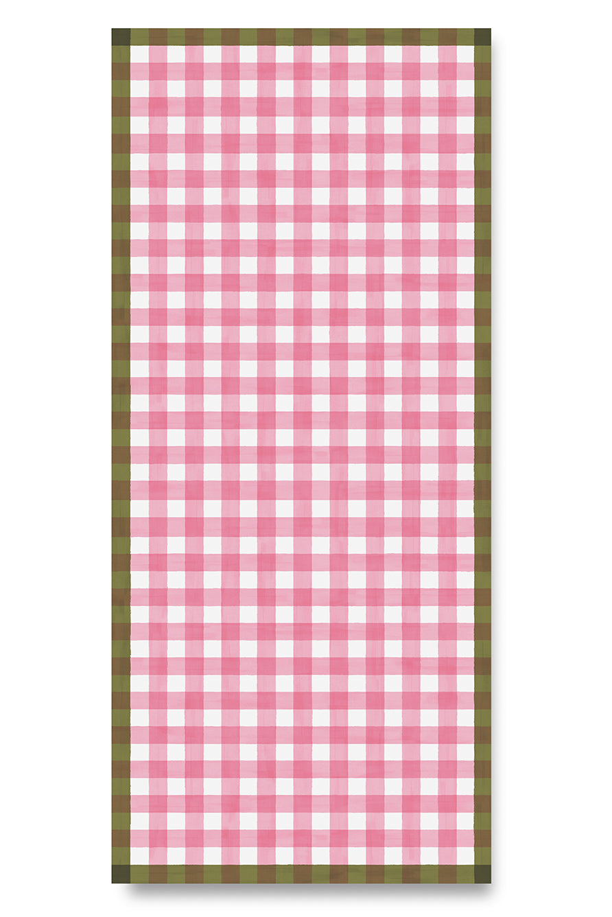 'Gingham' Linen Tablecloth in Rose Pink with Avocado Green Trim