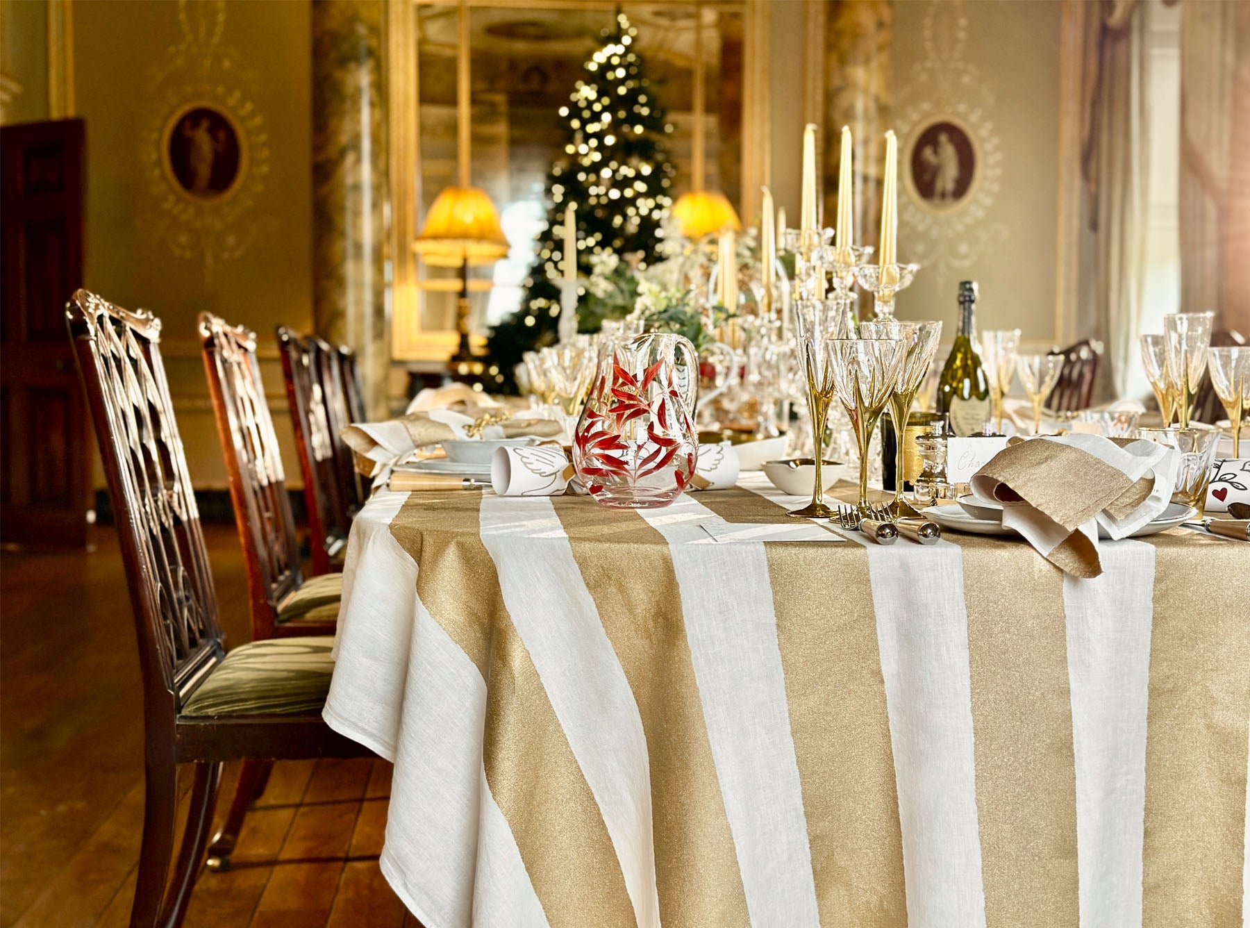 'Stripe' Screen Printed Linen Tablecloth in Gold