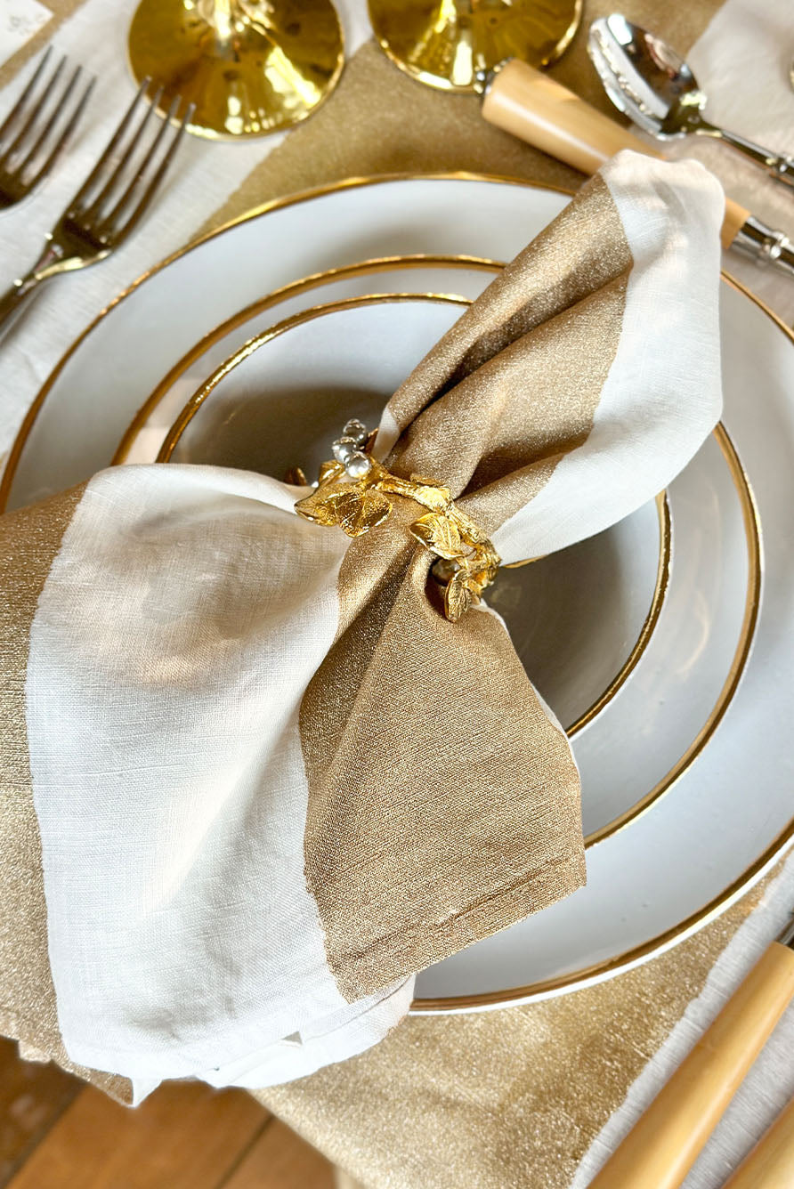 'Stripe' Screen Printed Linen Napkin in Gold, 50x50cm