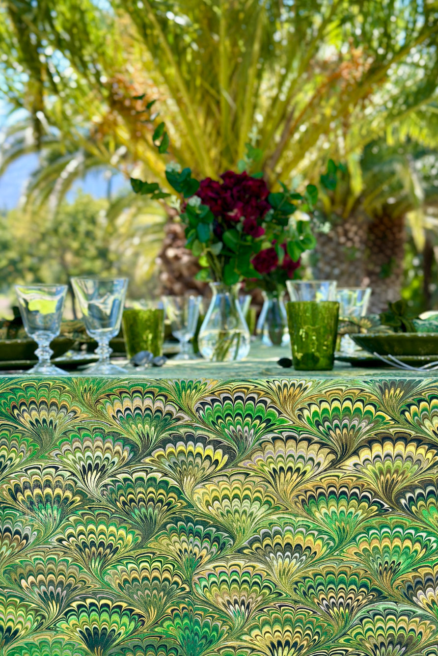 'Marble Fan' Linen Tablecloth in Green