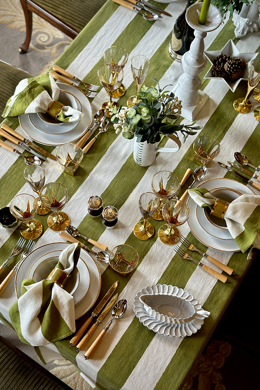 'Stripe' Linen Tablecloth in White & Green