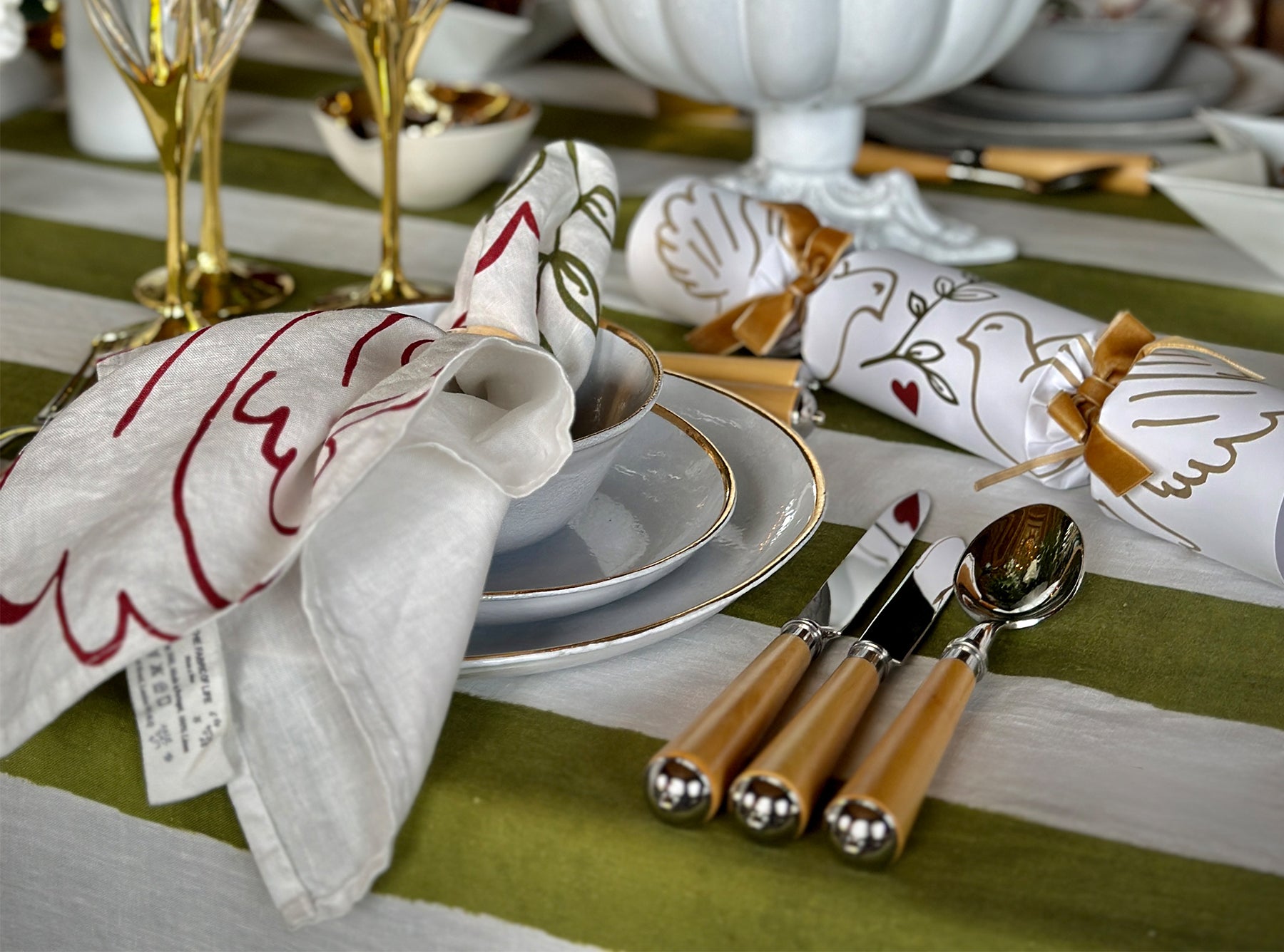 'Stripe' Linen Tablecloth in White & Green