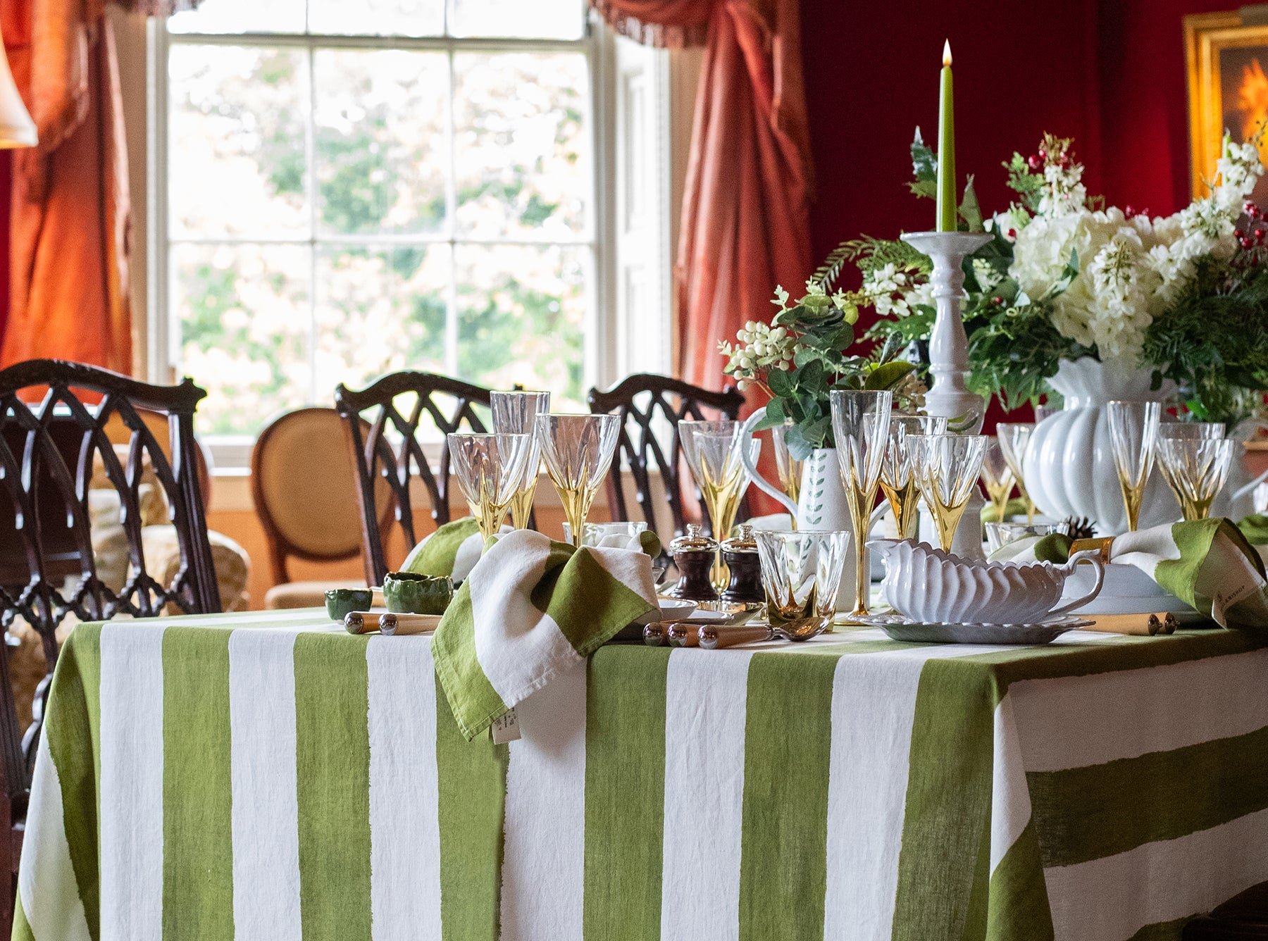 'Stripe' Linen Tablecloth in White & Green