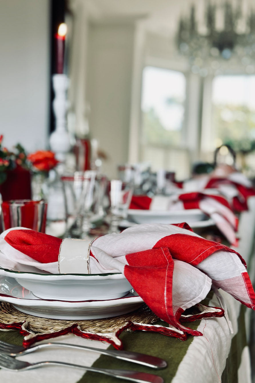 'Stripe' Linen Tablecloth in White & Green