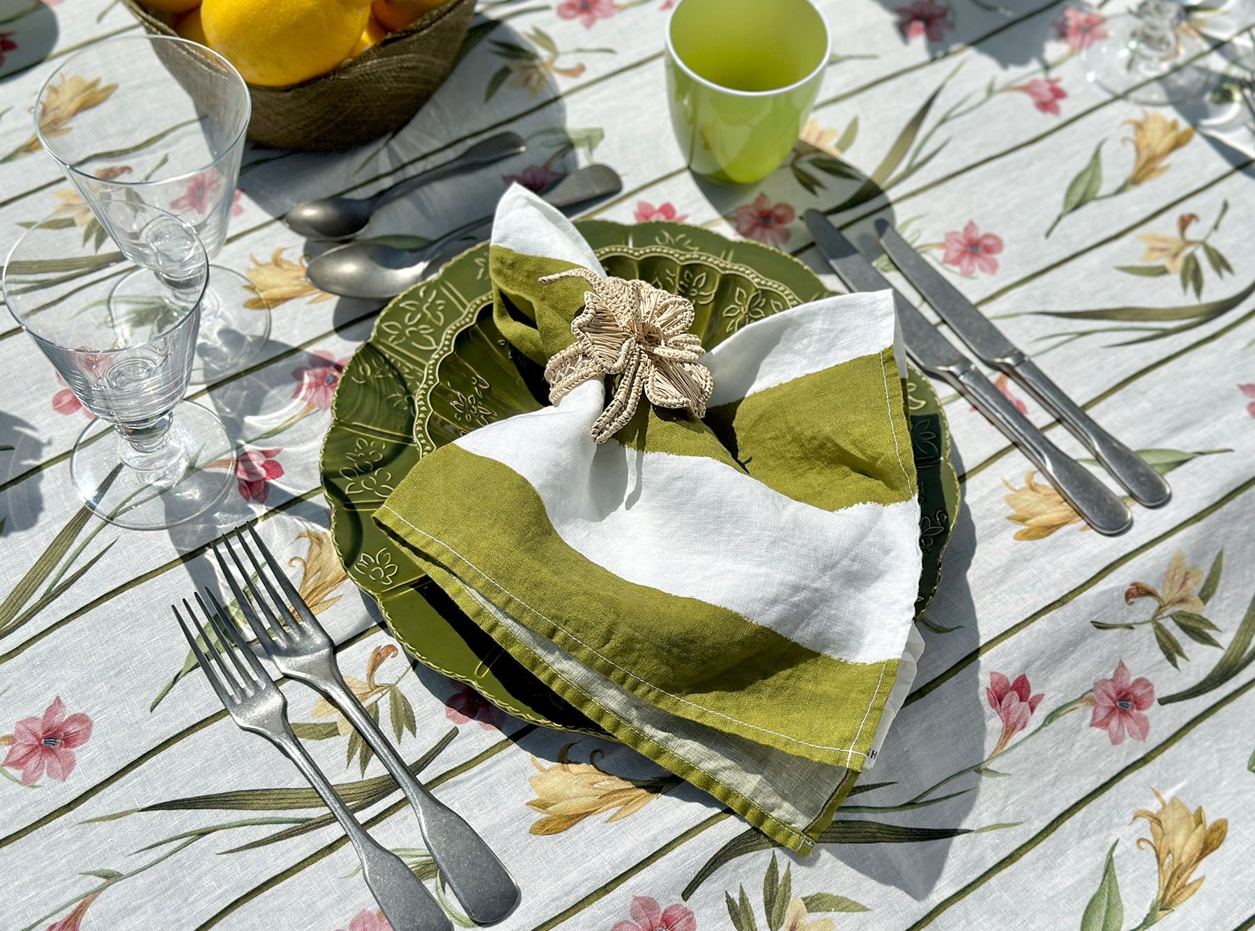 'Stripe' Linen Napkin in White & Avocado Green, 50x50cm