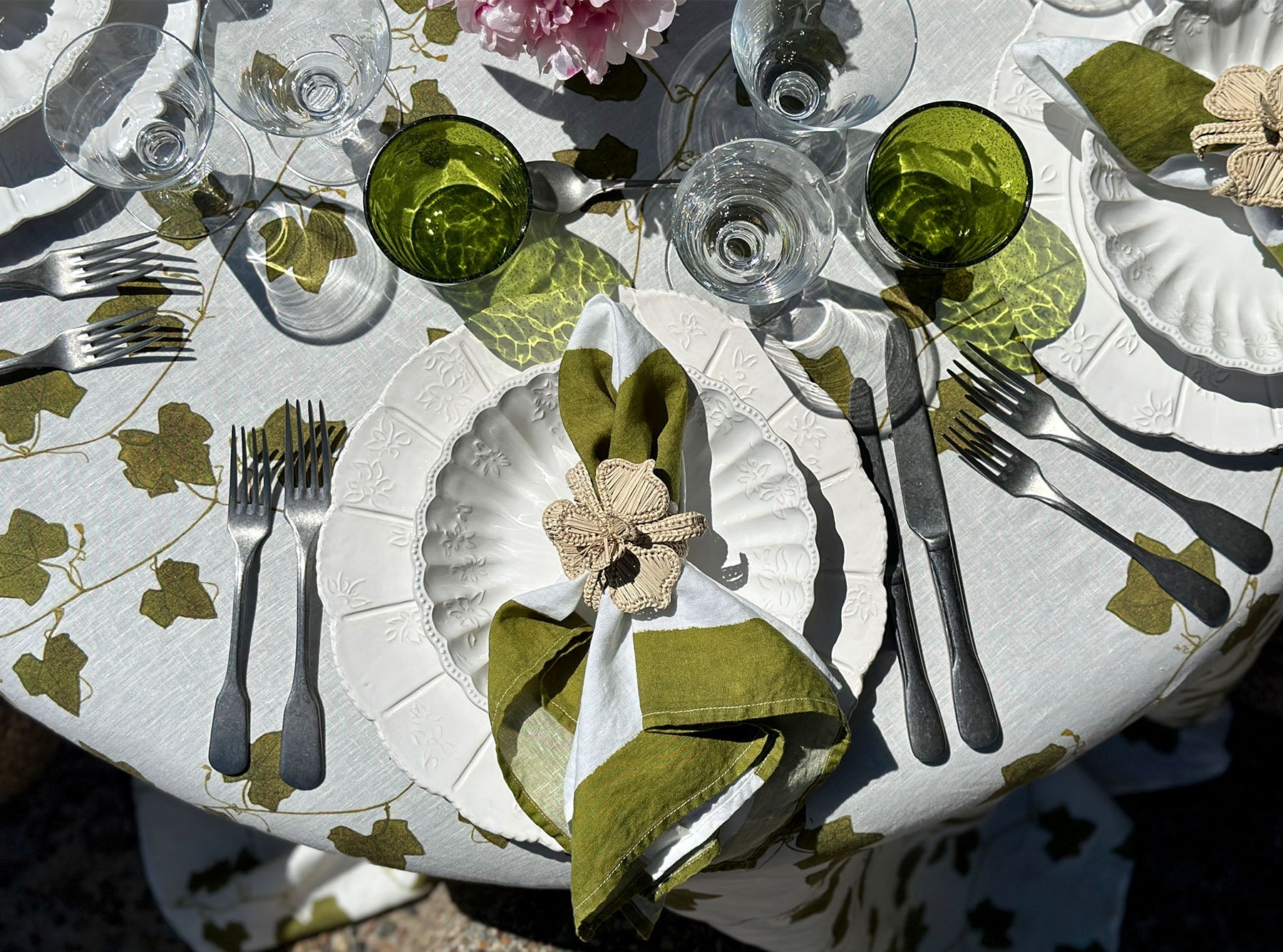 'Stripe' Linen Napkin in White & Avocado Green, 50x50cm