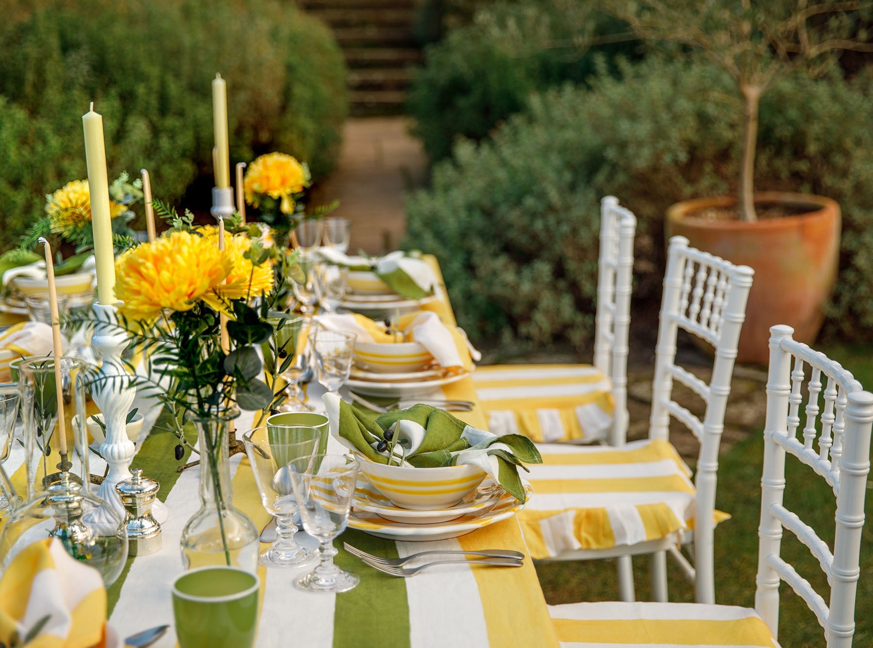 'Stripe' Linen Napkin in White & Avocado Green, 50x50cm