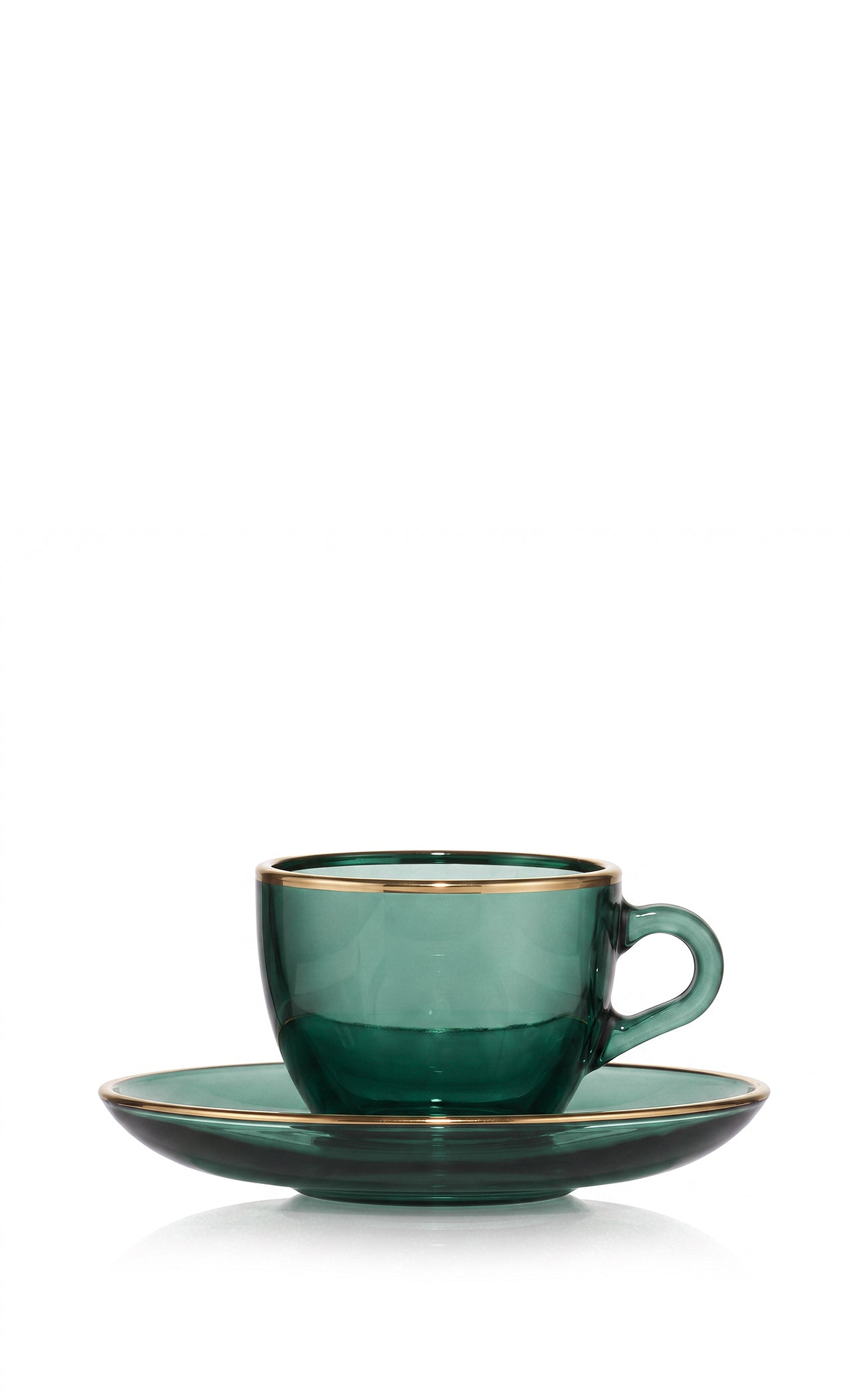 Handblown Italian Glass Espresso Cup and Saucer in Green with Gold Rim