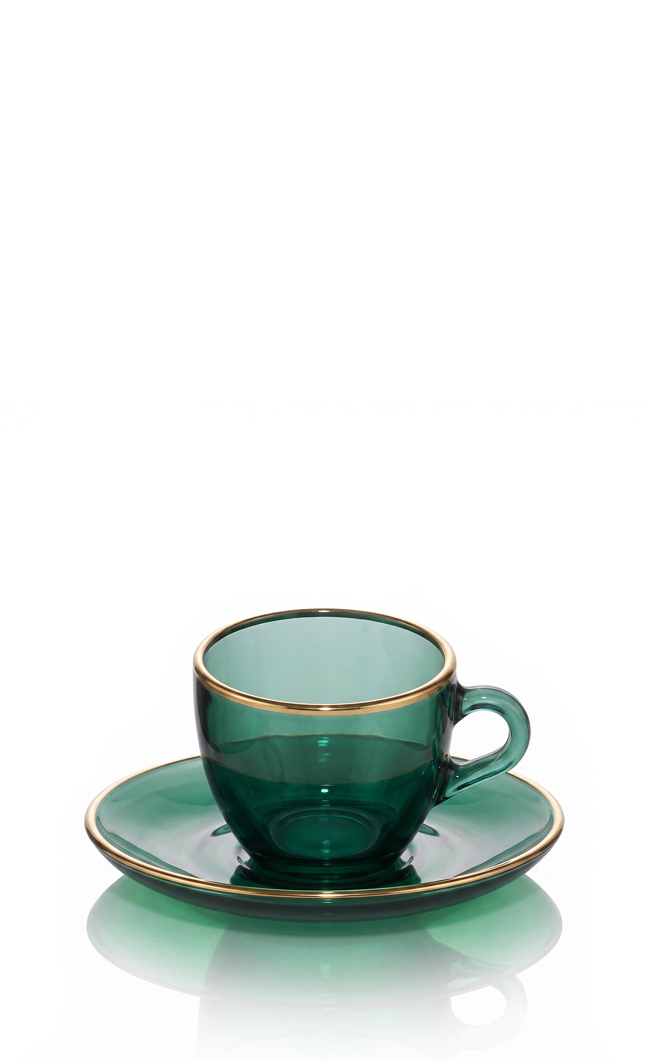 Handblown Italian Glass Espresso Cup and Saucer in Green with Gold Rim