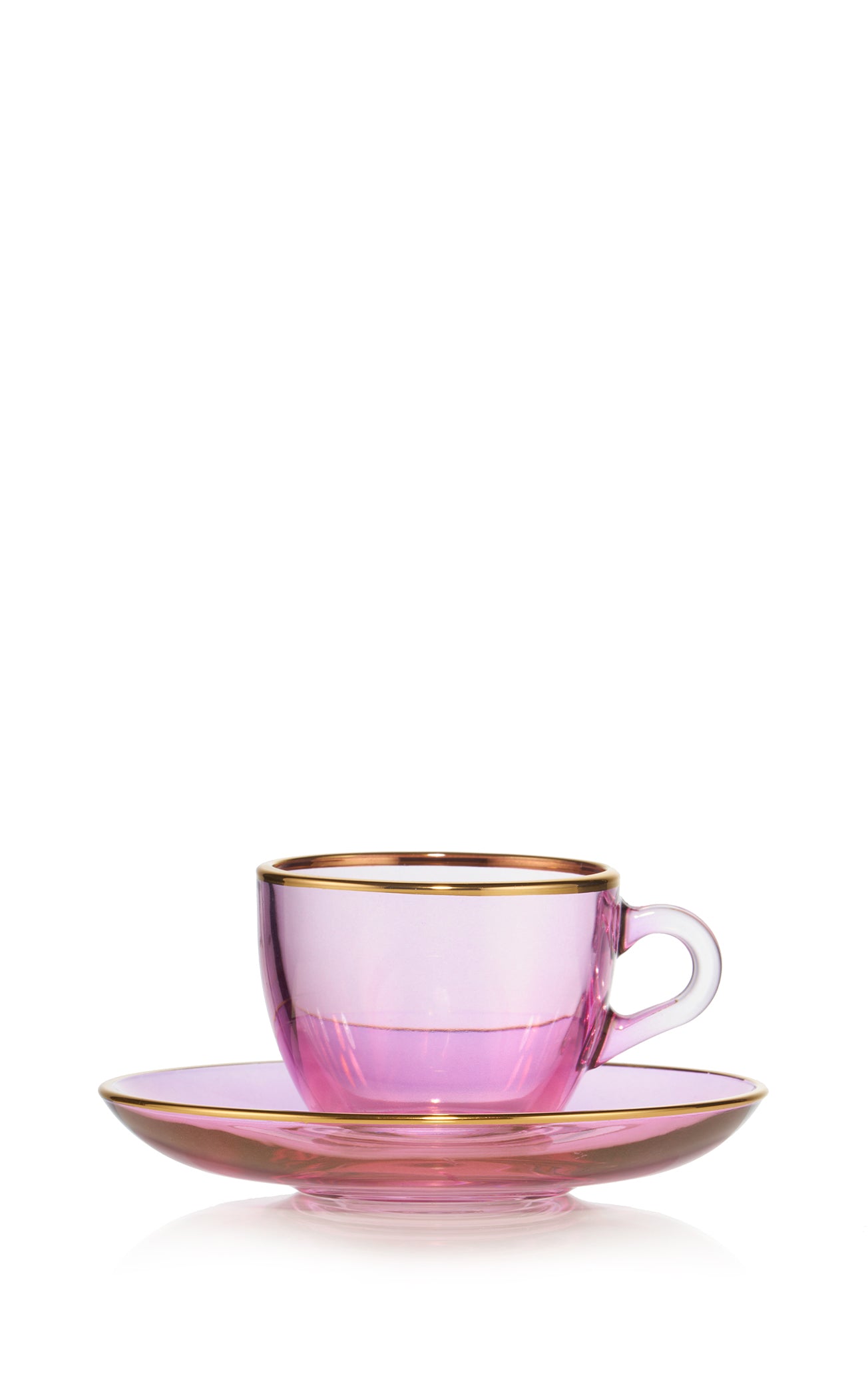 Handblown Glass Espresso Cup and Saucer in Pink with Gold Rim