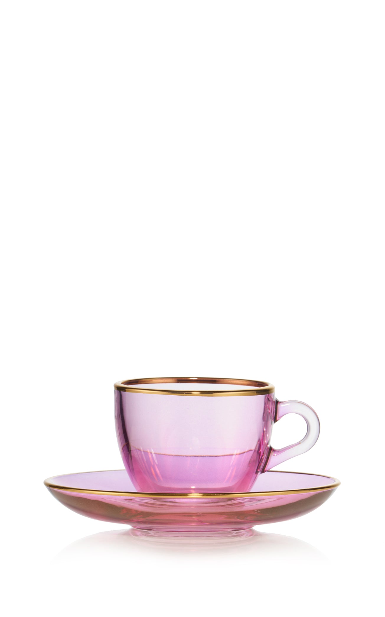 Handblown Italian Glass Espresso Cup and Saucer in Pink with Gold Rim