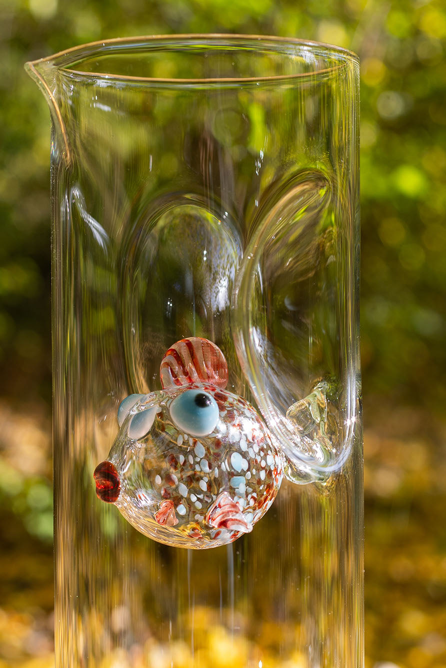 Handblown Glass Red and Blue Fish Carafe, 24.5cm