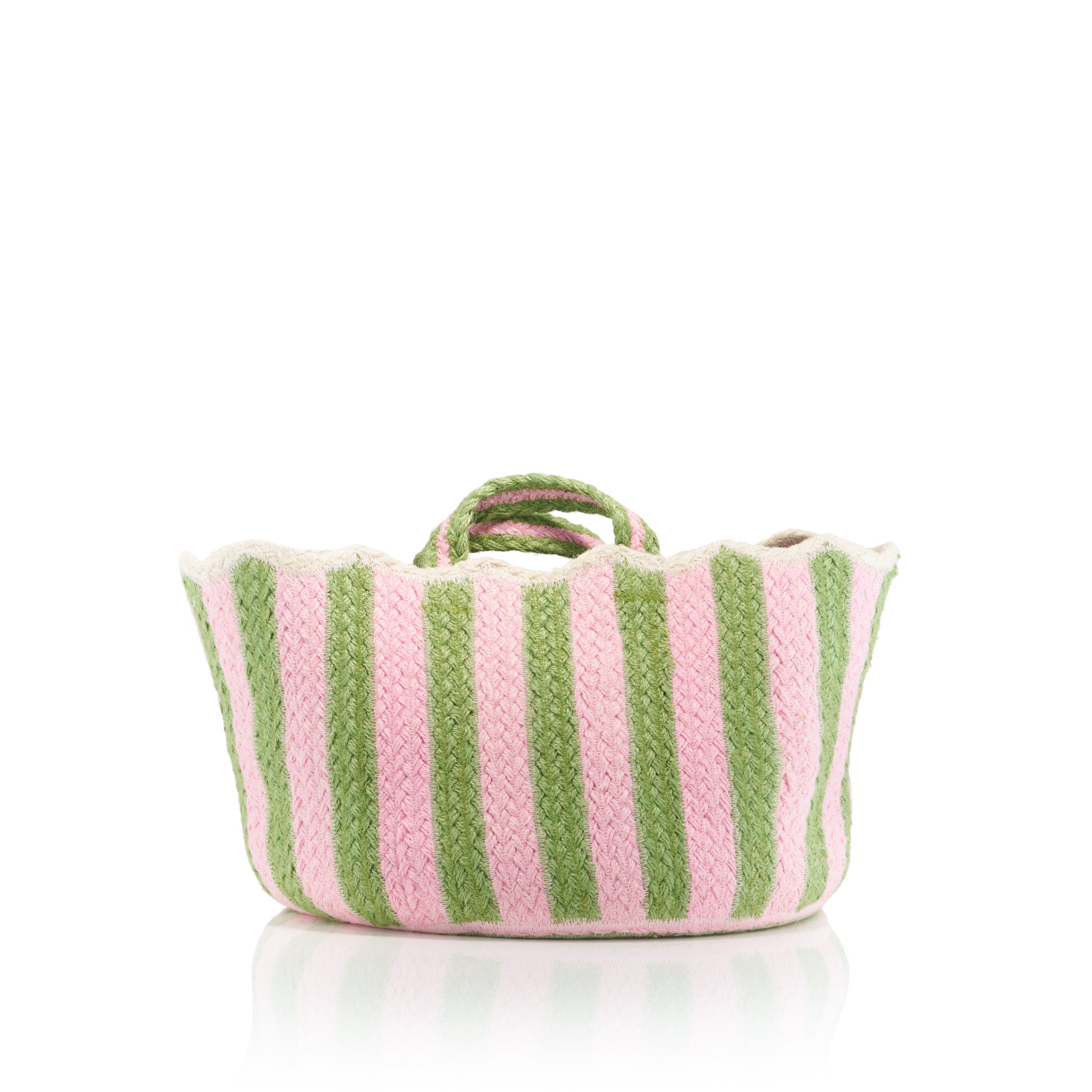 Large Scalloped Jute Basket in Pink & Green Stripe, 38x29cm