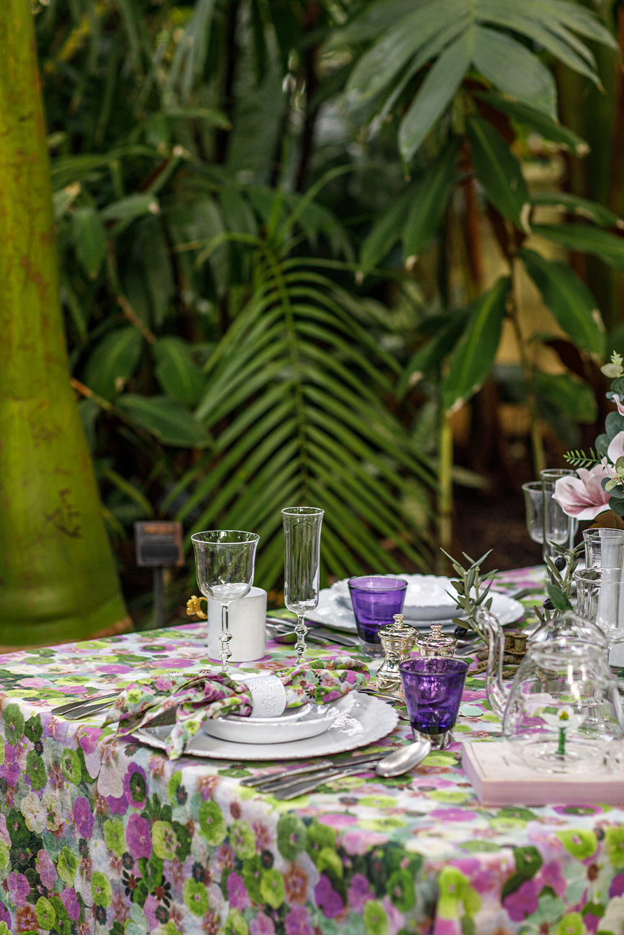 'Le Marché aux Fleurs' Linen Napkin in Purple, Pink and Green, 50x50cm