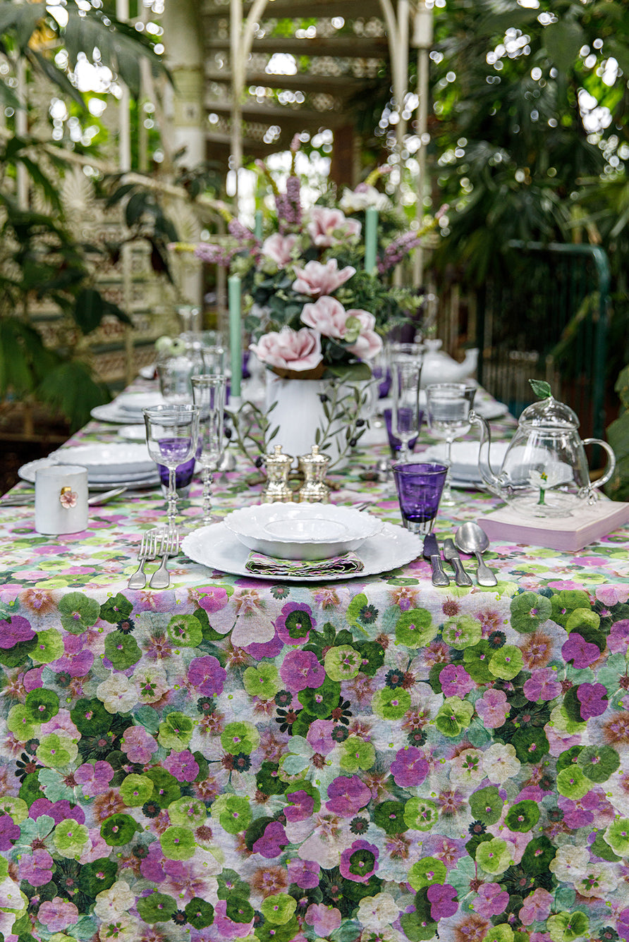 'Le Marché aux Fleurs' Linen Napkin in Purple, Pink and Green, 50x50cm