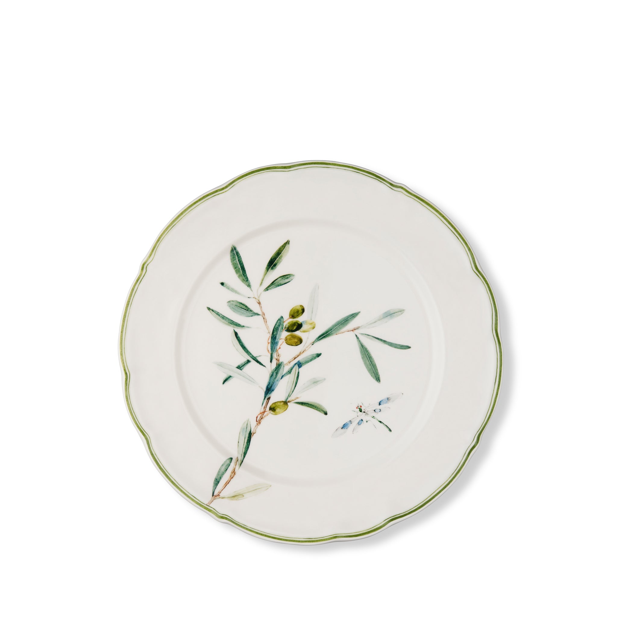 Olive Branch Scalloped Dinner Plate With Light Blue Dragonfly, 26cm