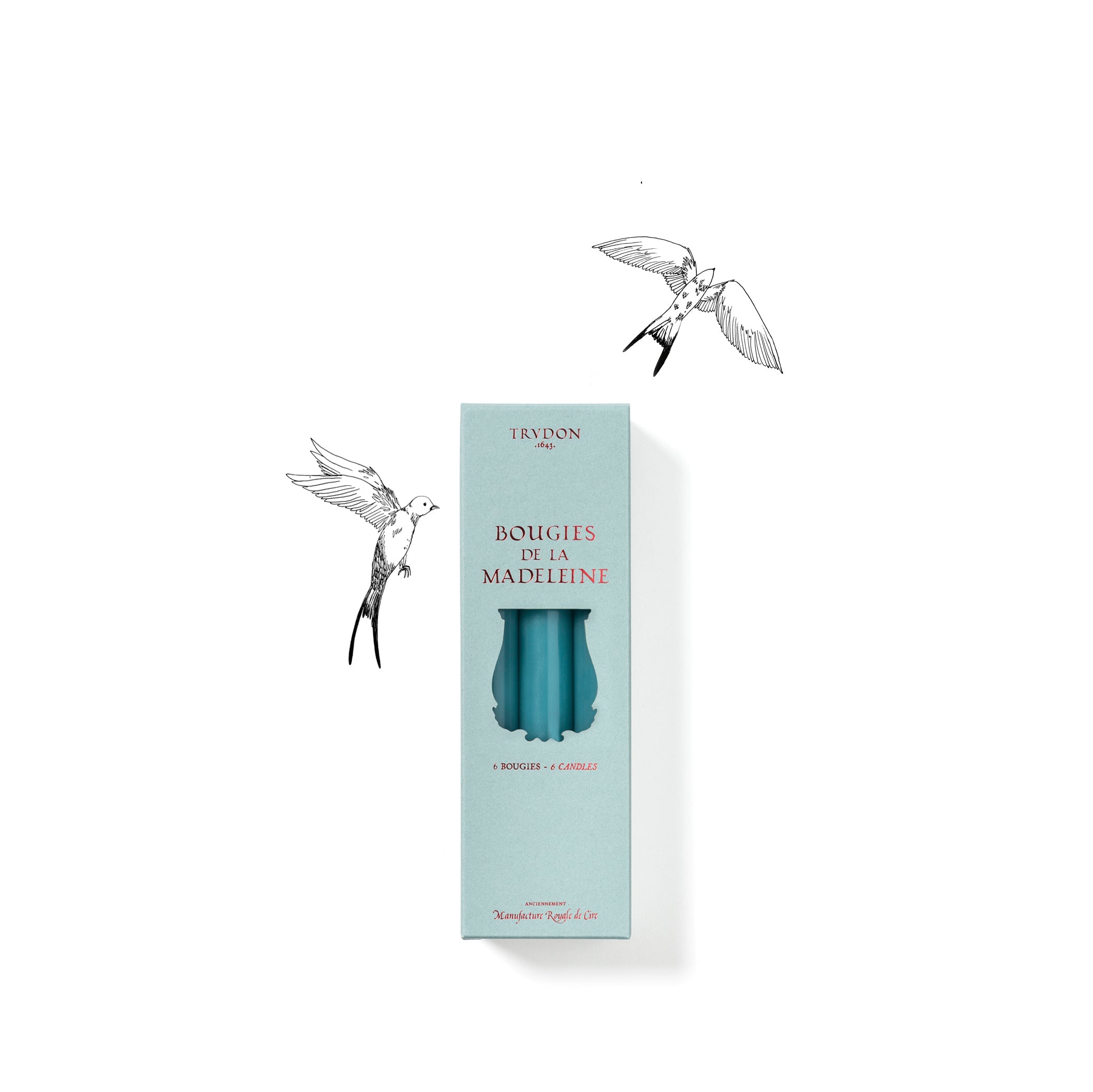 Set of Six Madeleine Candles in Aqua Blue, 20cm