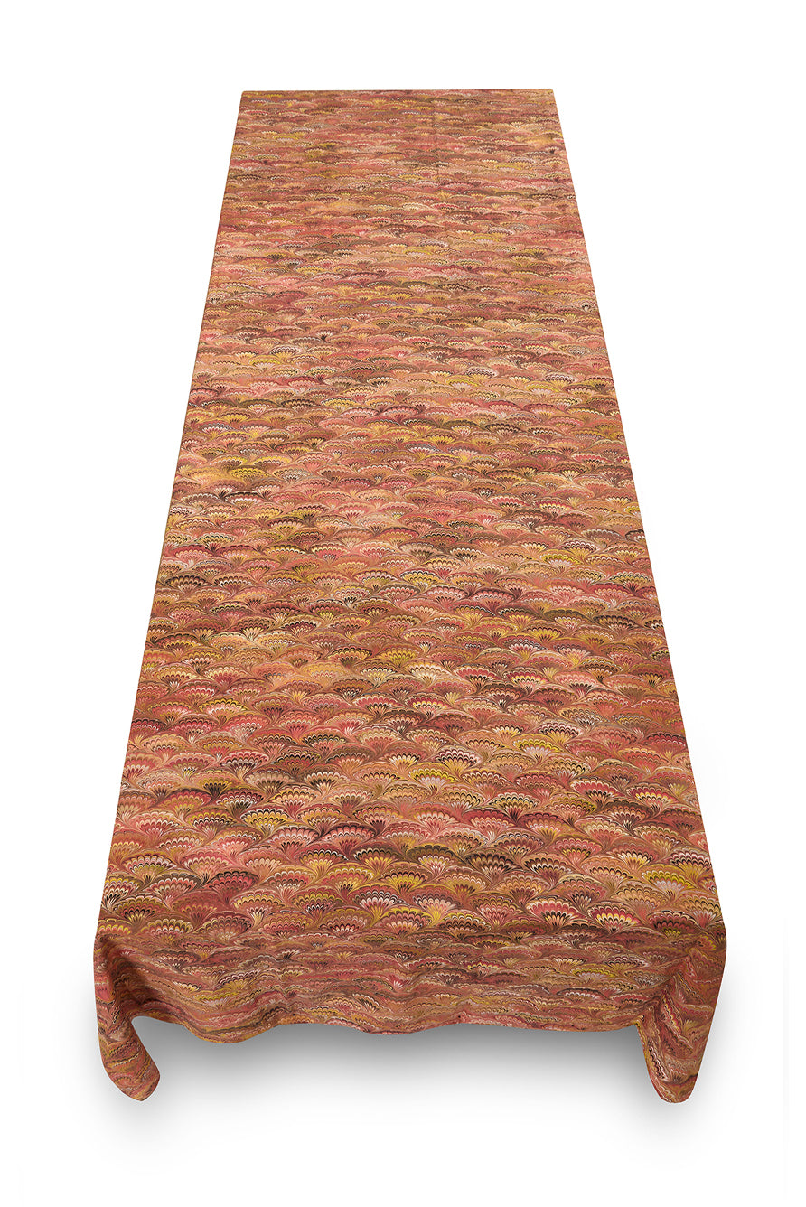 'Marble Fan' Linen Tablecloth in Rust Red, Yellow & Orange