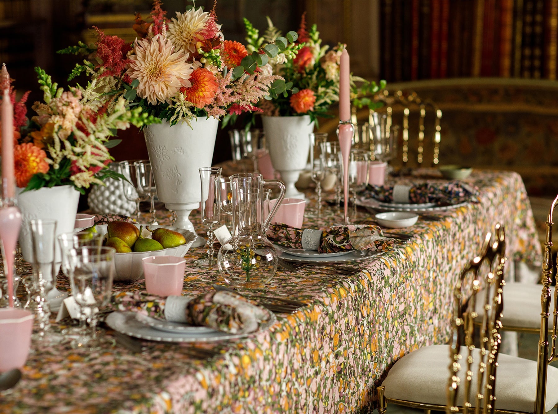 Summerill & Bishop 'Marble' Linen Tablecloth in Green, Rose Pink & Orange