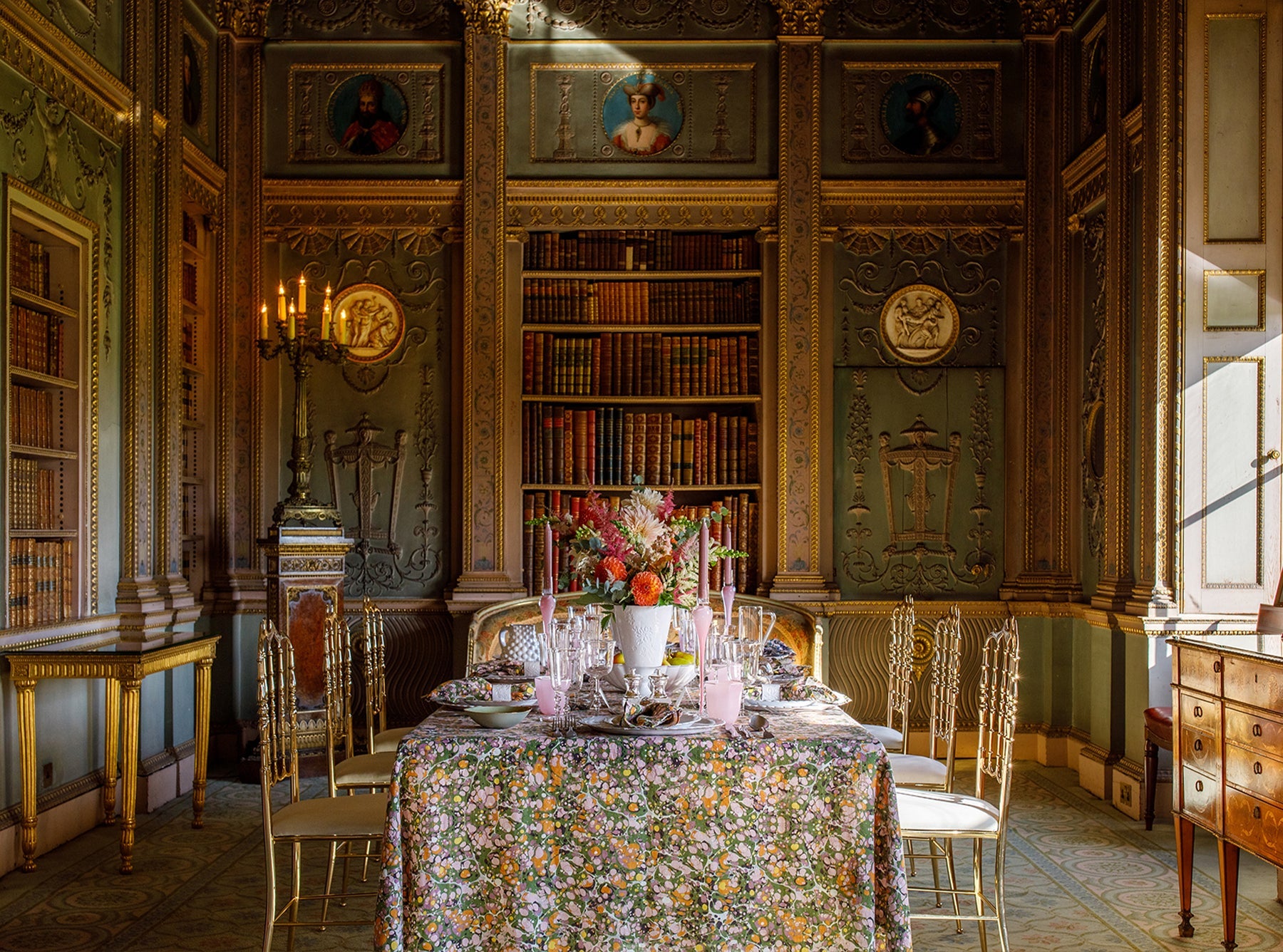 Summerill & Bishop 'Marble' Linen Tablecloth in Green, Rose Pink & Orange