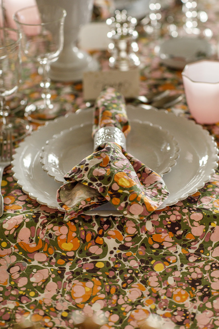 Summerill & Bishop 'Marble' Linen Napkin in Green, Rose Pink & Orange, 50x50cm