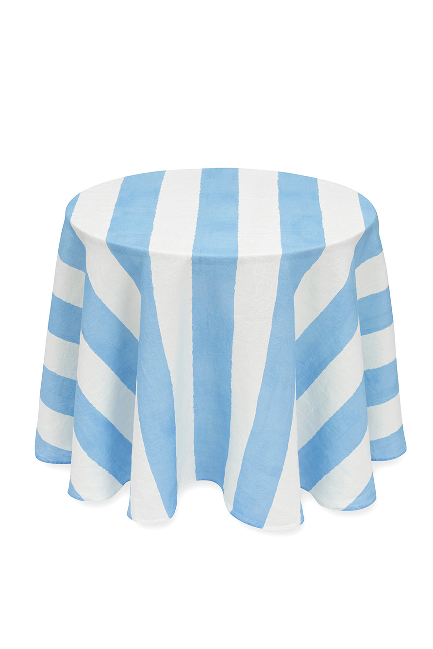 'Stripe' Round Occasional Linen Tablecloth in Pale Blue, 165cm