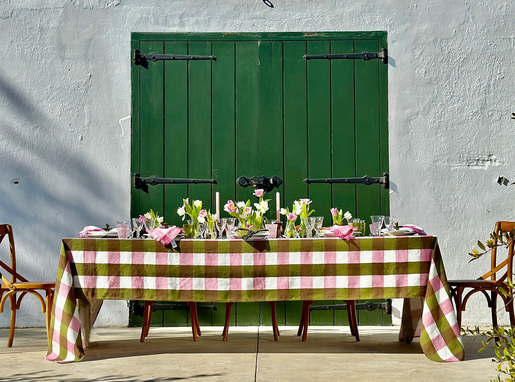 'Gingham' Linen Tablecloth in Rose Pink with Avocado Green Trim