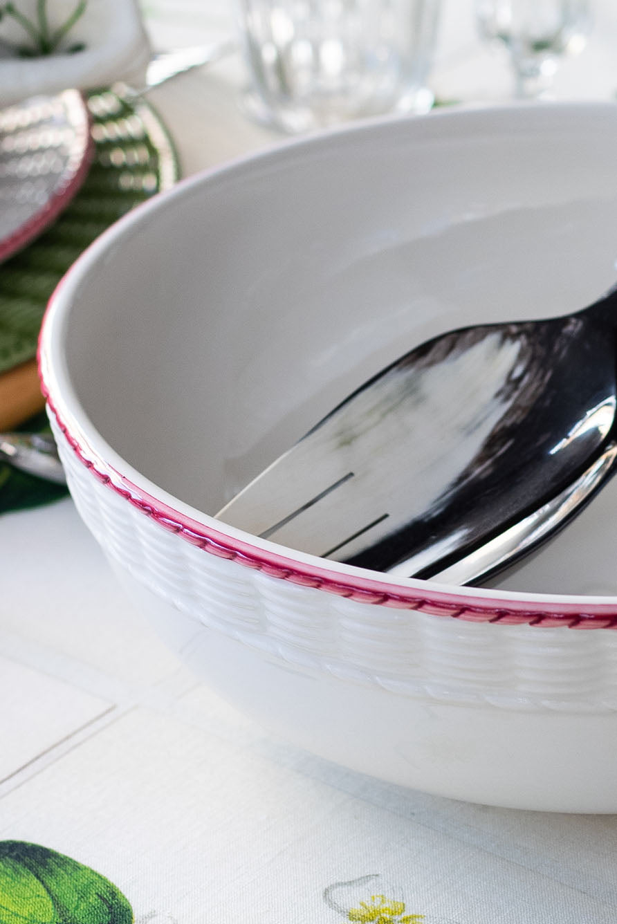 Rattan Effect Hand-Painted Bordeaux Rim Salad Bowl, 27.5cm
