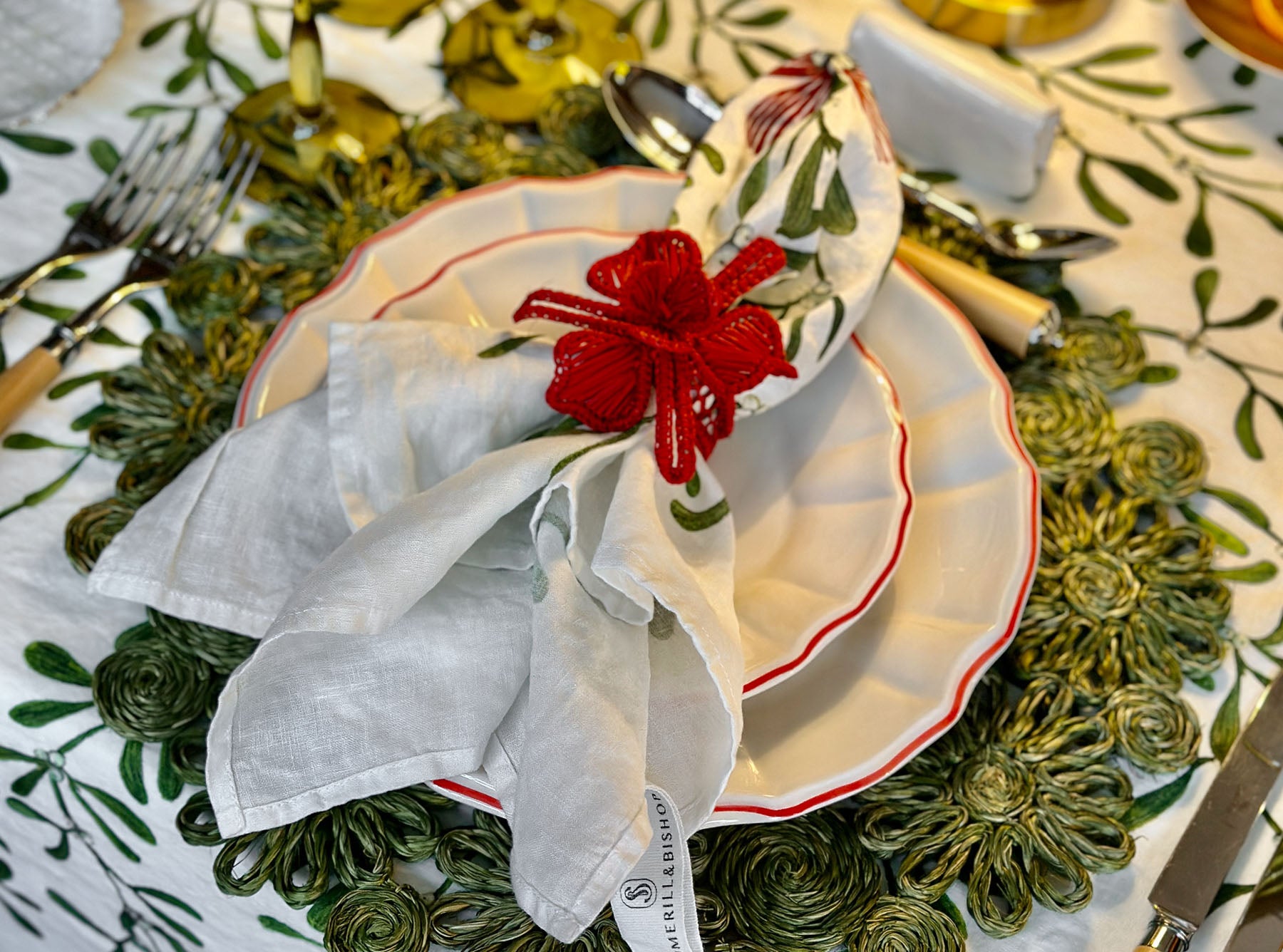 Italian White Porcelain Salad Bowl with a Red Rim, 32cm