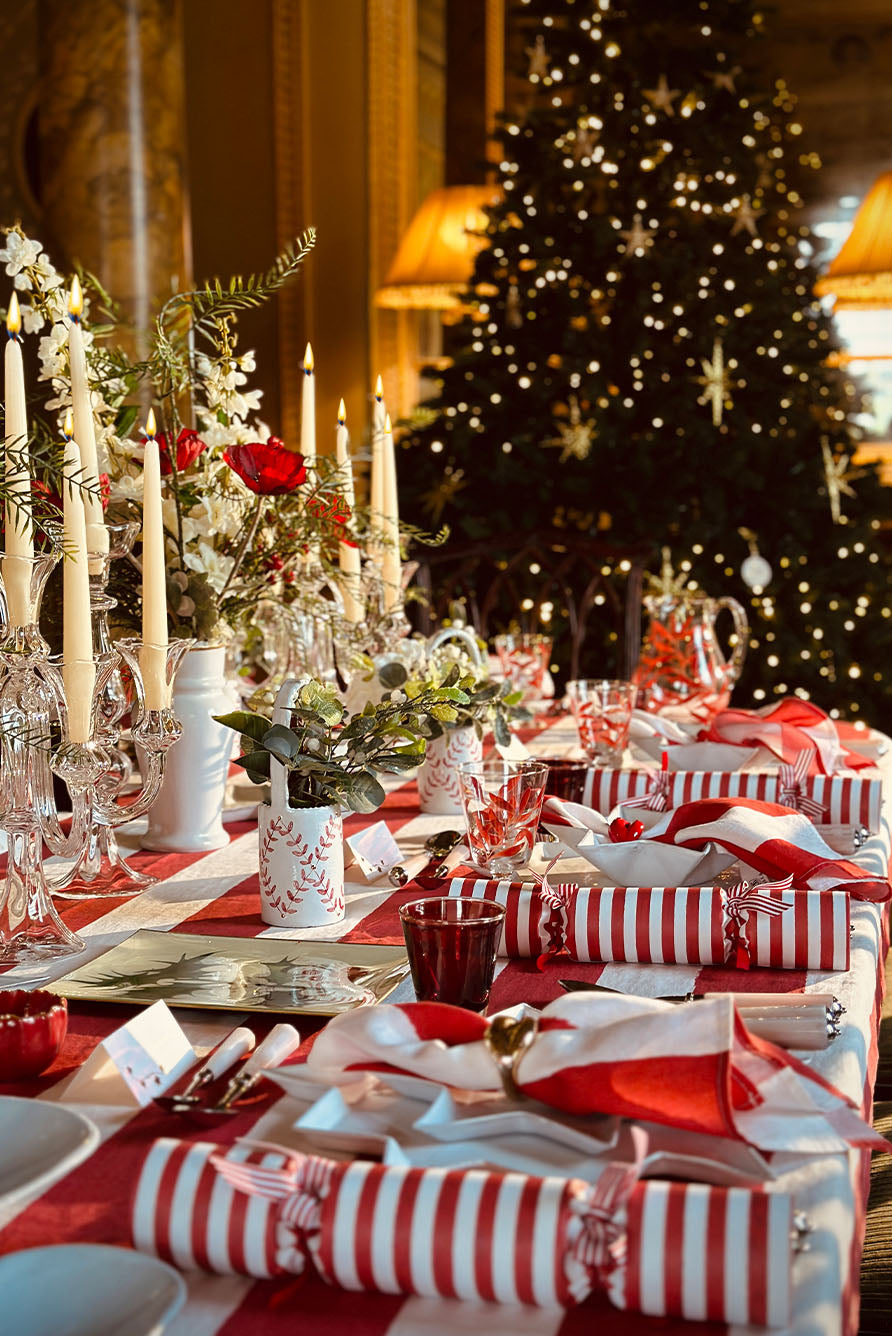 'Stripe' Linen Tablecloth in White & Red
