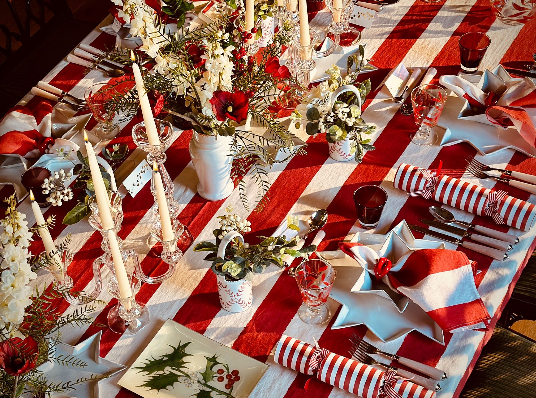 'Stripe' Linen Tablecloth in White & Red