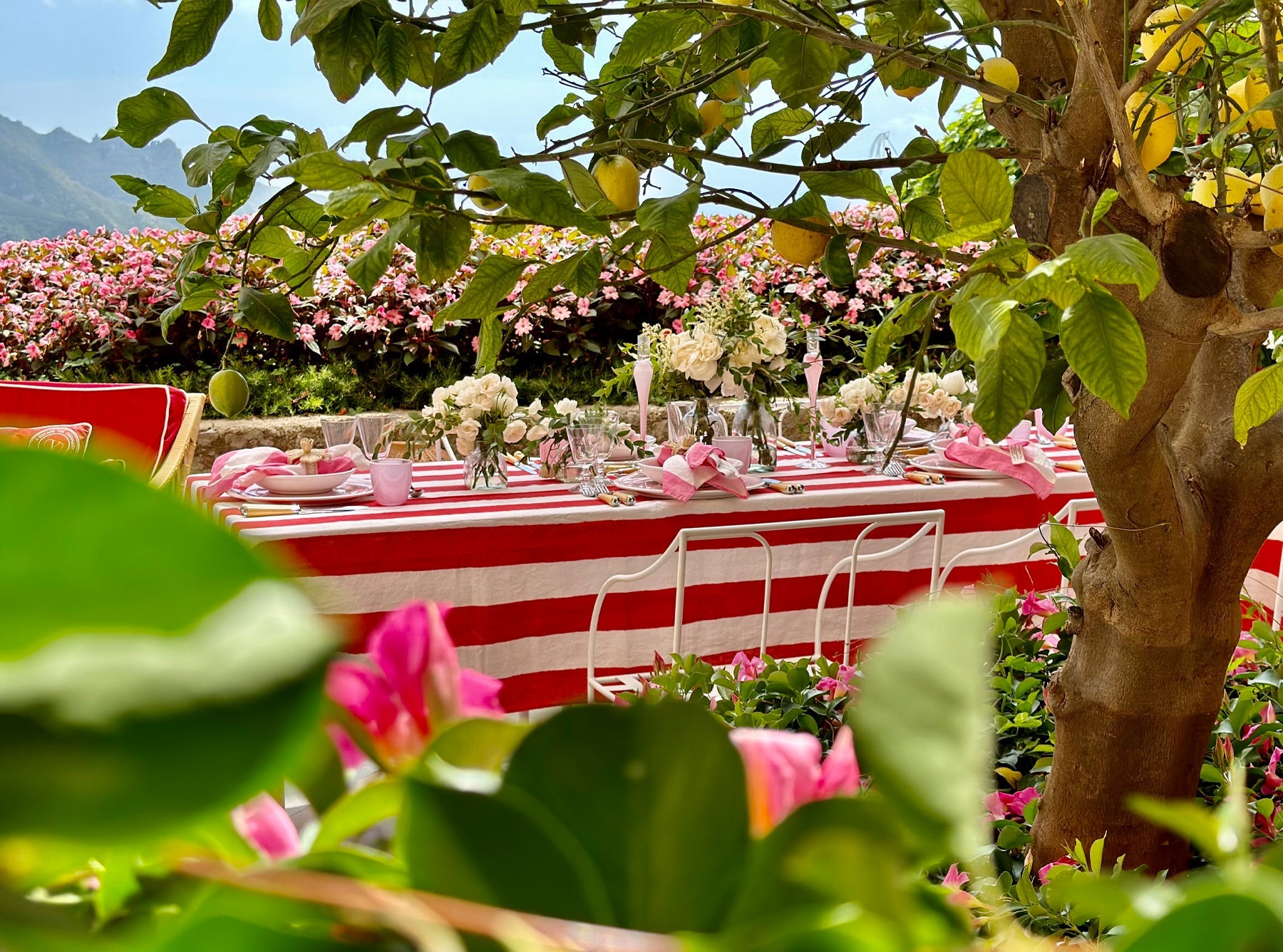 'Stripe' Linen Tablecloth in White & Red