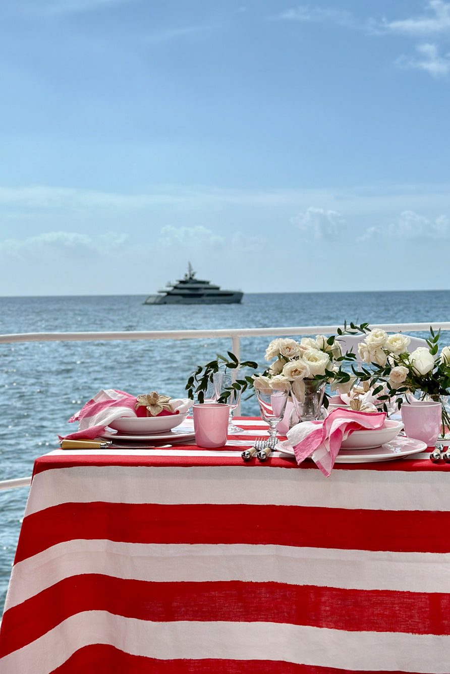 'Stripe' Linen Tablecloth in White & Red