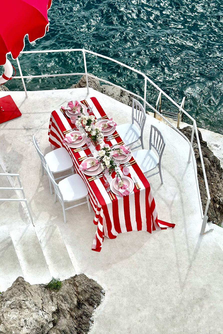 'Stripe' Linen Tablecloth in White & Red