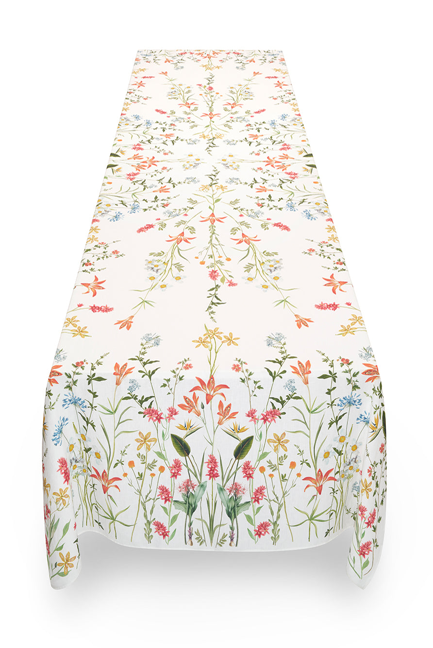 African Flower Linen Tablecloth in White