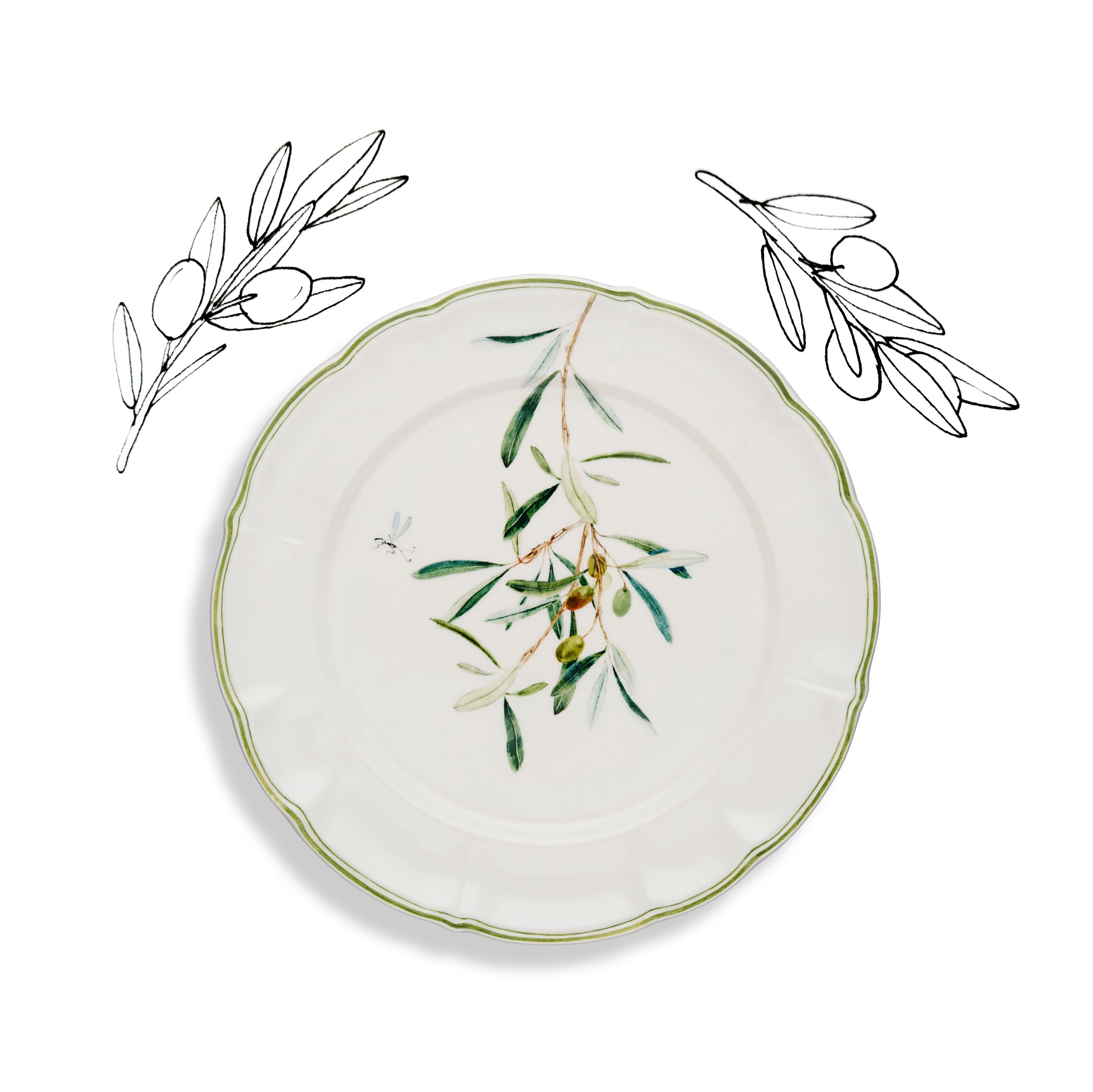 Olive Branch Scalloped Dinner Plate With Small Insect, 26cm