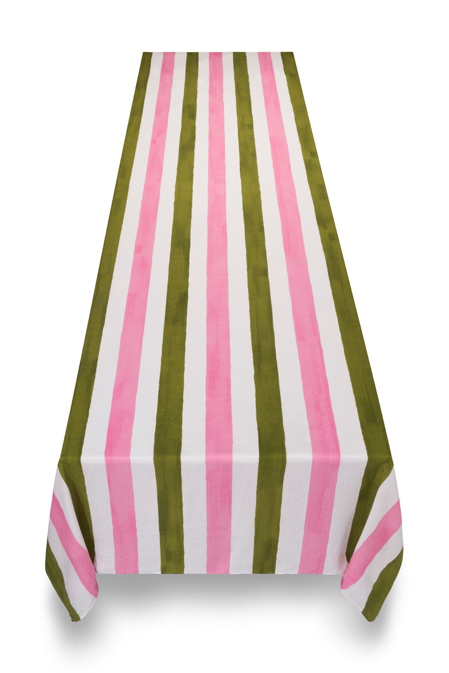 'Stripe' Linen Tablecloth in Rose Pink & Avocado Green