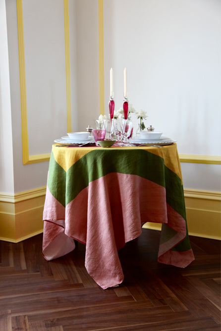 'Table for Two' Square Linen Heart Tablecloth in Pink, Green, Yellow & Red, 165cm x 165cm