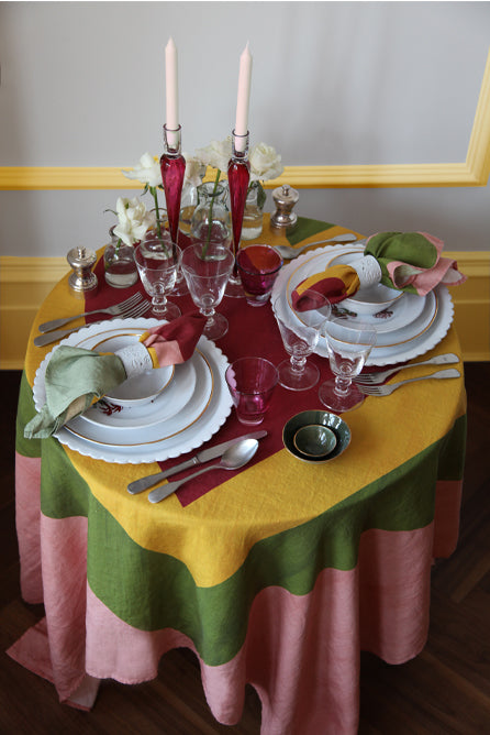 'Table for Two' Square Linen Heart Tablecloth in Pink, Green, Yellow & Red, 165cm x 165cm