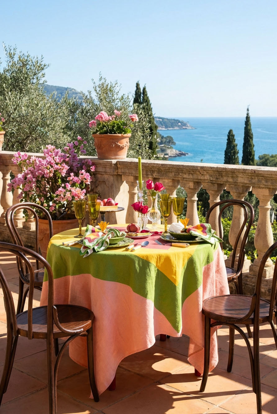'Table for Two' Square Linen Heart Tablecloth in Pink, Green, Yellow & Red, 165cm x 165cm