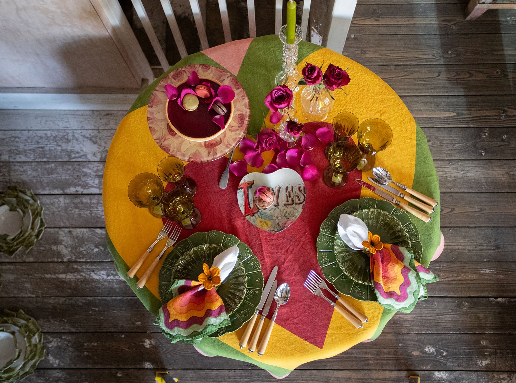 'Table for Two' Square Linen Heart Tablecloth in Pink, Green, Yellow & Red, 165cm x 165cm