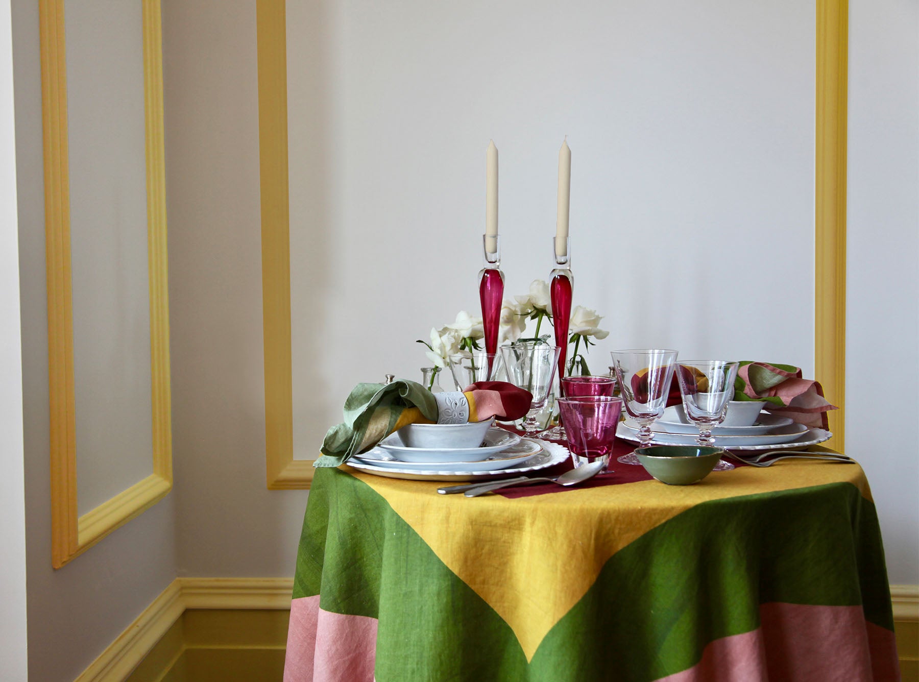 'Table for Two' Square Linen Heart Tablecloth in Pink, Green, Yellow & Red, 165cm x 165cm