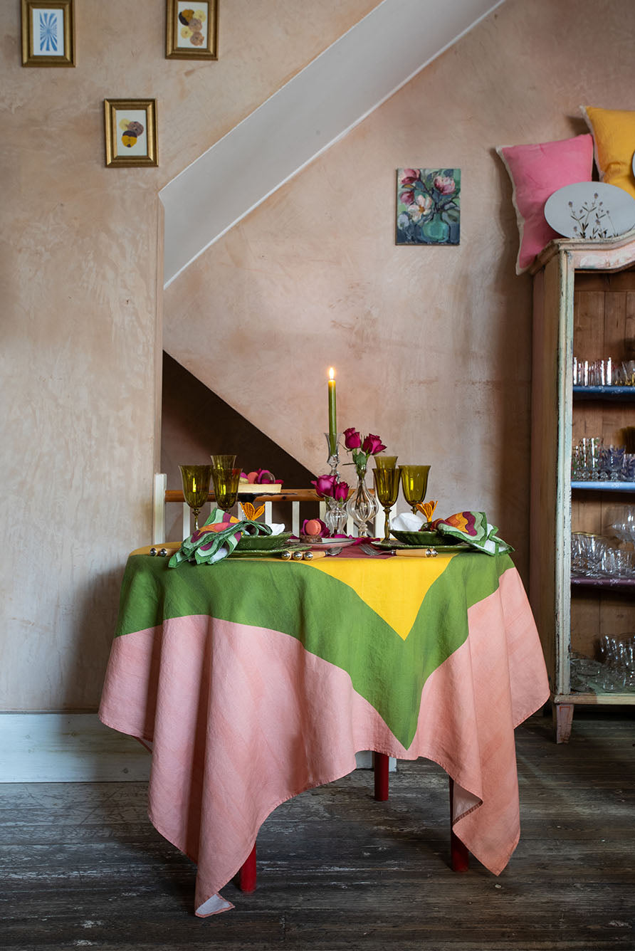 'Table for Two' Square Linen Heart Tablecloth in Pink, Green, Yellow & Red, 165cm x 165cm