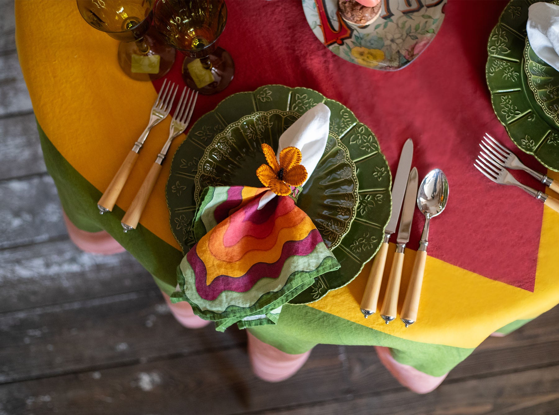 'Table for Two' Square Linen Heart Tablecloth in Pink, Green, Yellow & Red, 165cm x 165cm