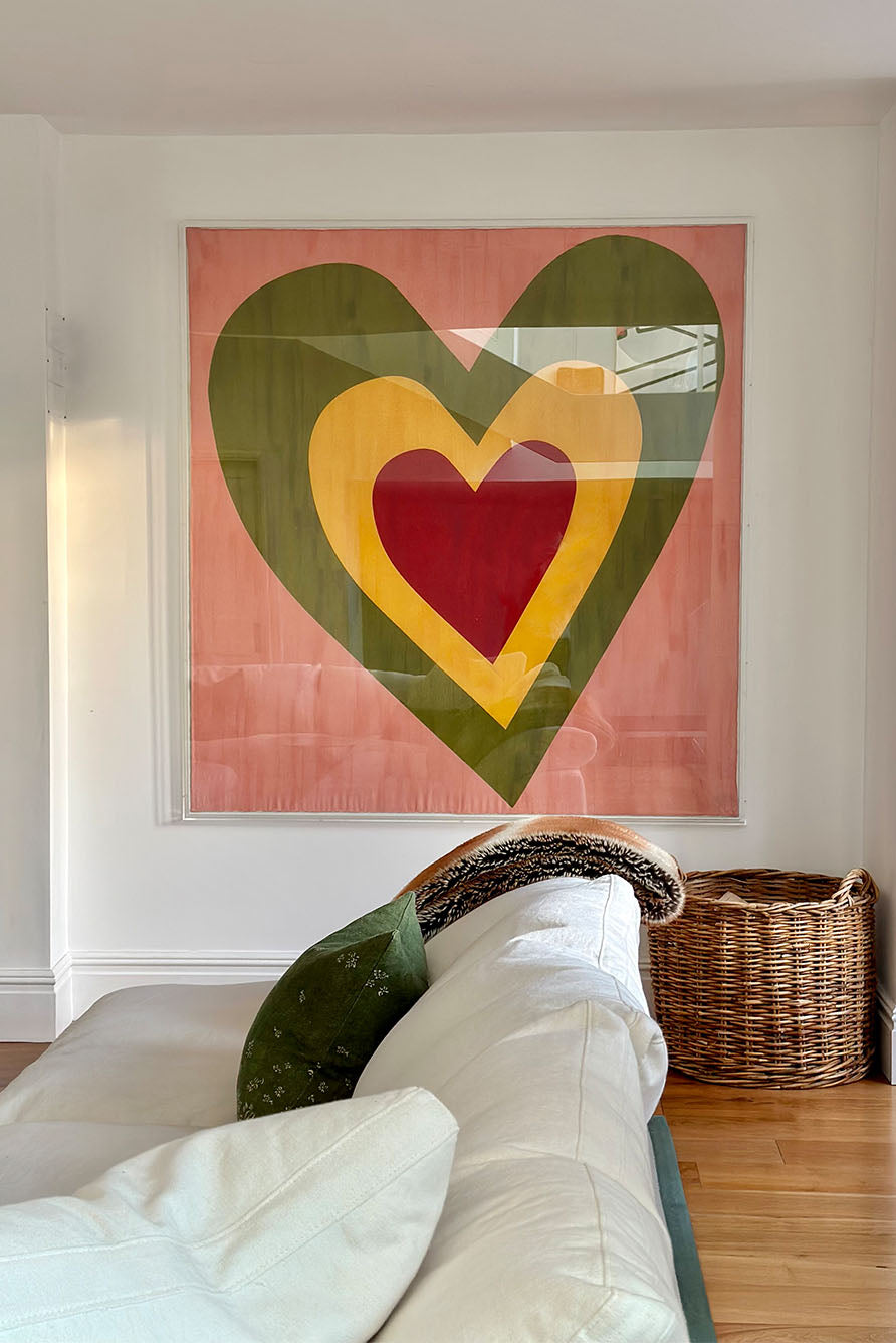 'Table for Two' Square Linen Heart Tablecloth in Pink, Green, Yellow & Red, 165cm x 165cm