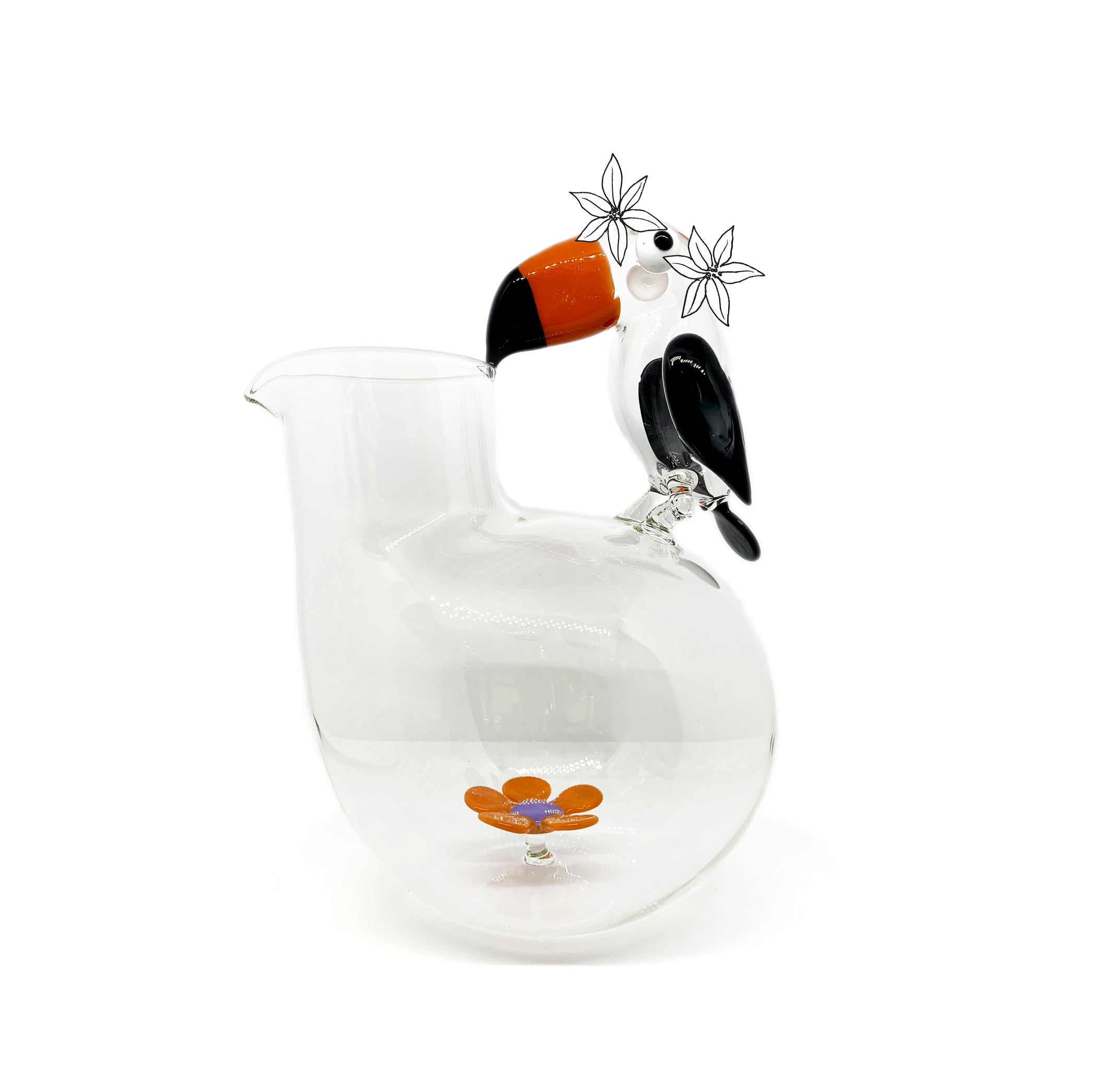 Handblown Glass Toucan and Flower Jug, 25cm