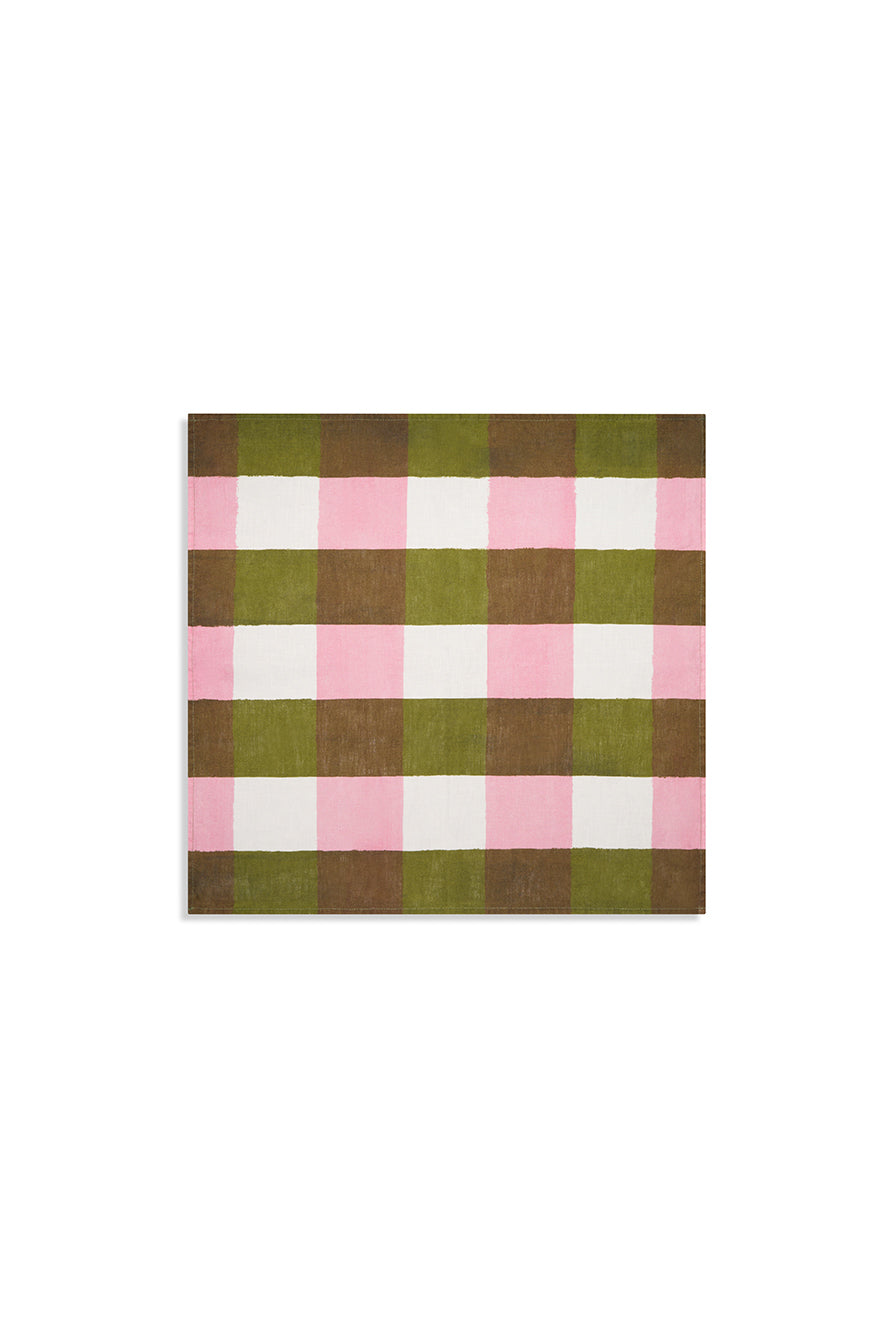 'Gingham' Linen Napkin in Rose Pink & Avocado Green